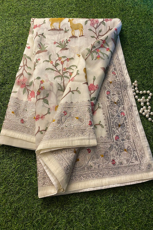 Ivory Tissue Saree  Multi Embroidered Jaal Work  With Blouse Piece