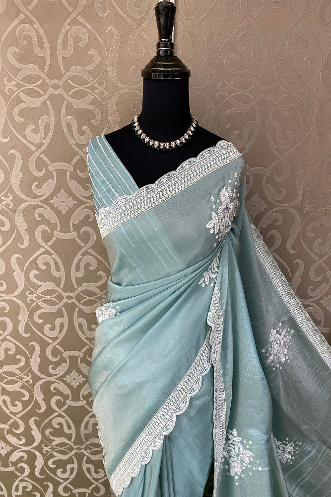 Sky Blue Tissue Organza Embroidery Saree, With Unstiched Blouse