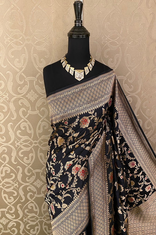 Black Uppada Silk Saree Weaving Jaal Work And Border With Blouse