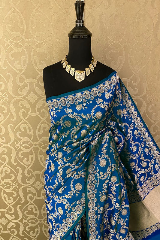 Blue Uppada Silk Saree Weaving Jaal Work, And Border With Blouse