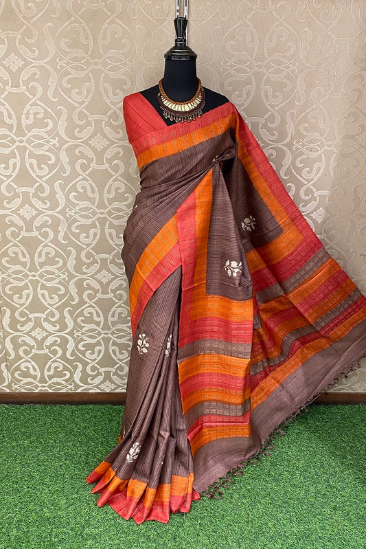 Brownish Grey Tussar Silk Printed Saree, With Unstiched Blouse