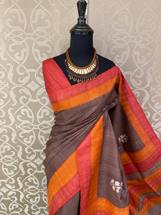 Brownish Grey Tussar Silk Printed Saree, With Unstiched Blouse