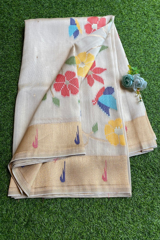 Offwhite Tussar Georgette Saree Weaving Work With Blouse Piece