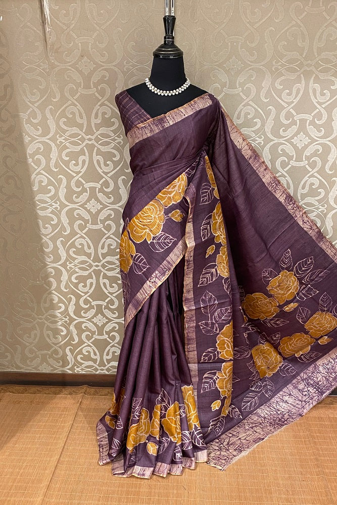 Deep Purple Tussar Silk Printed Saree, With Unstiched Blouse