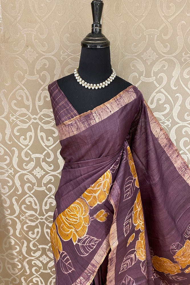 Deep Purple Tussar Silk Printed Saree, With Unstiched Blouse
