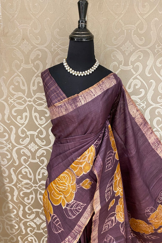 Deep Purple Tussar Silk Printed Saree, With Unstiched Blouse