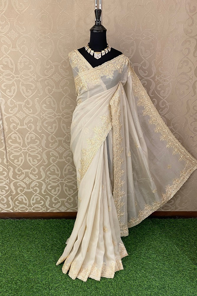 Offwhite Tissue Organza Silk Embroidery Saree, With Unstiched Blouse