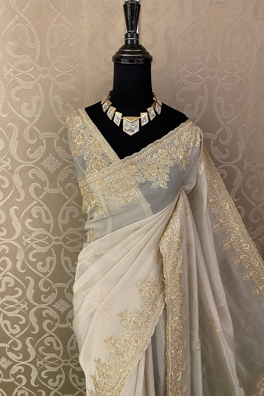 Offwhite Tissue Organza Silk Embroidery Saree, With Unstiched Blouse
