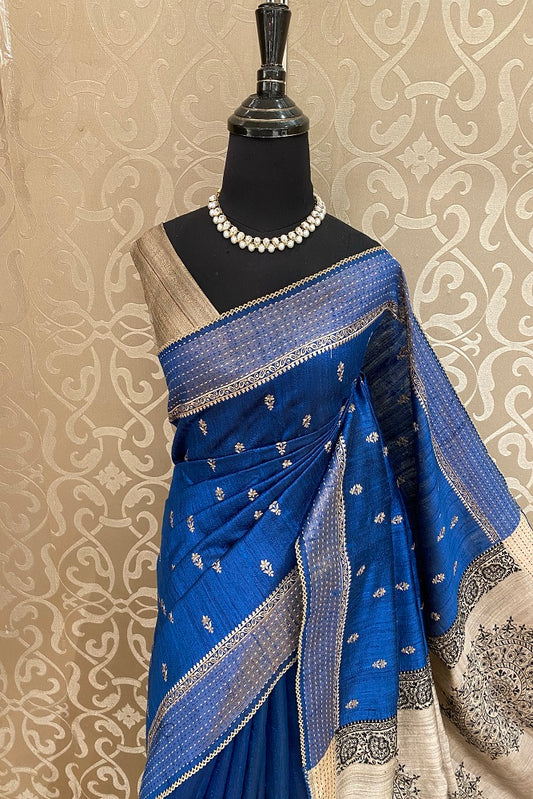 Deep Blue Munga Banarasi Silk Printed Saree With Resham Work, With Unstiched Blouse