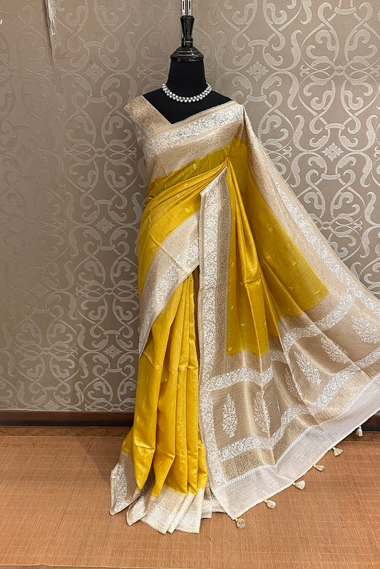 Yellow Munga Banarasi Silk Printed Saree With Resham Work, With Unstiched Blouse