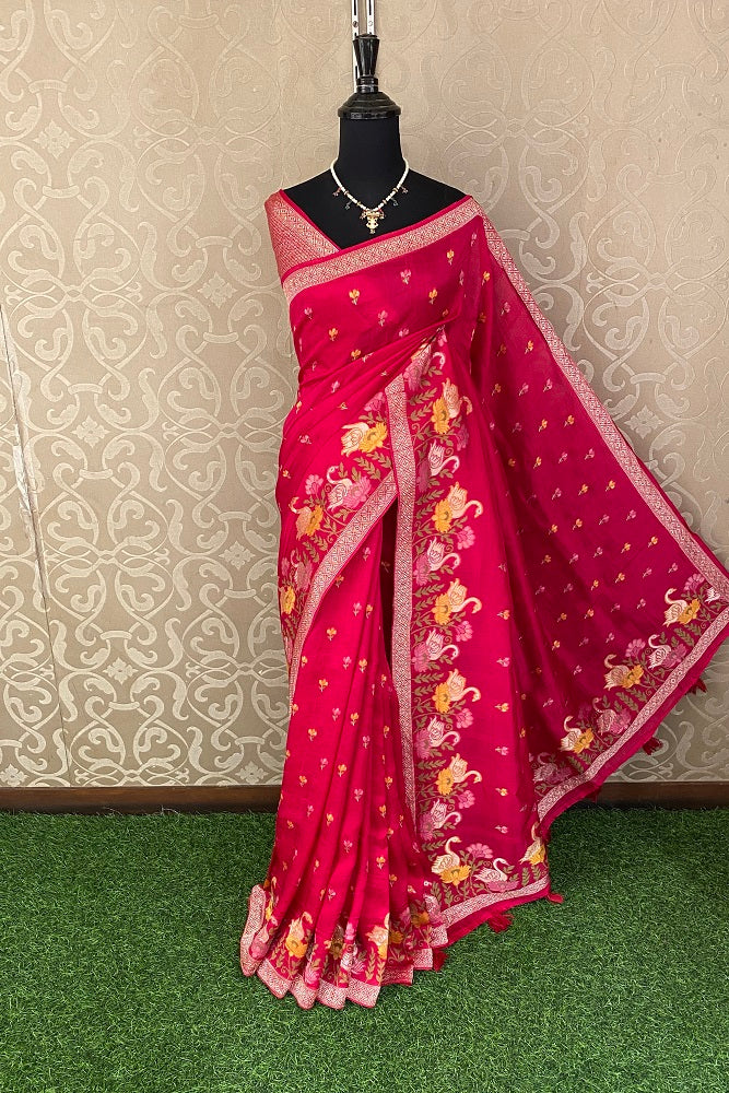 Rani Pink Tussar Georgette Saree Weaving Work With Blouse Piece