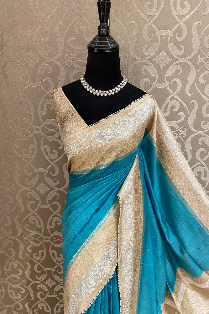Sky Blue Munga Banarasi Silk Printed Saree With Resham Work, With Unstiched Blouse