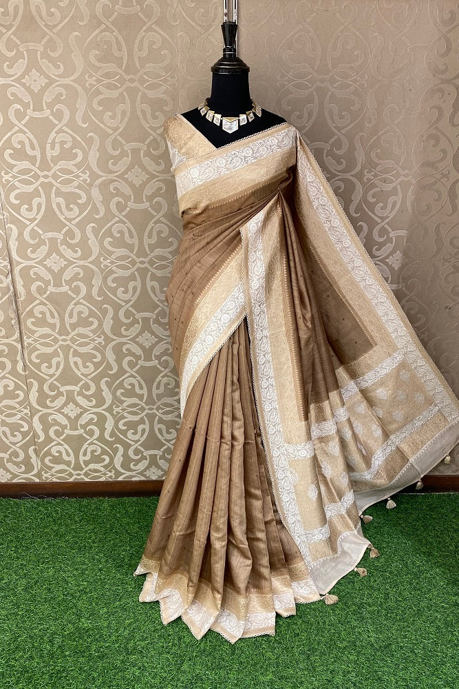 Dark Beige Munga Banarasi Silk Printed Saree With Resham Work, With Unstiched Blouse