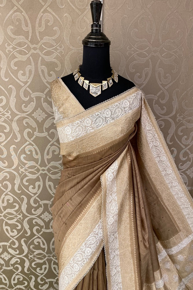 Dark Beige Munga Banarasi Silk Printed Saree With Resham Work, With Unstiched Blouse