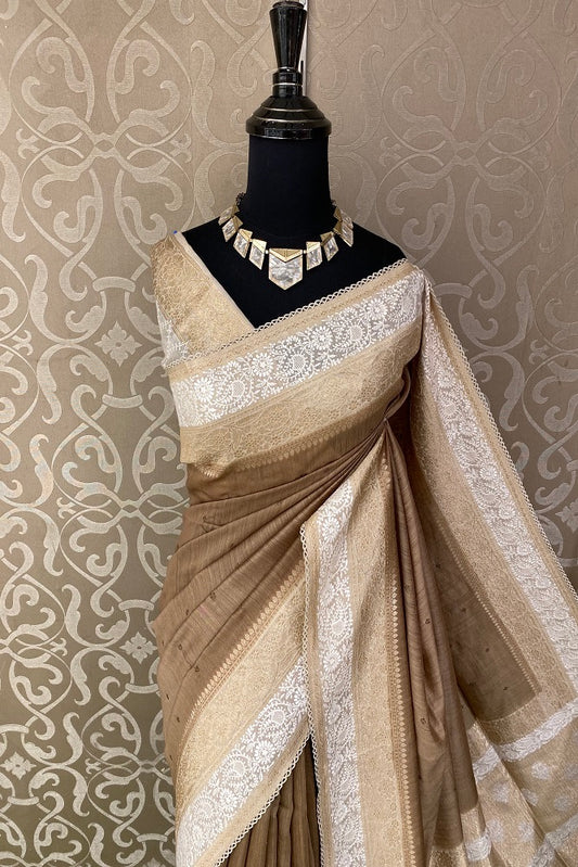 Dark Beige Munga Banarasi Silk Printed Saree With Resham Work, With Unstiched Blouse