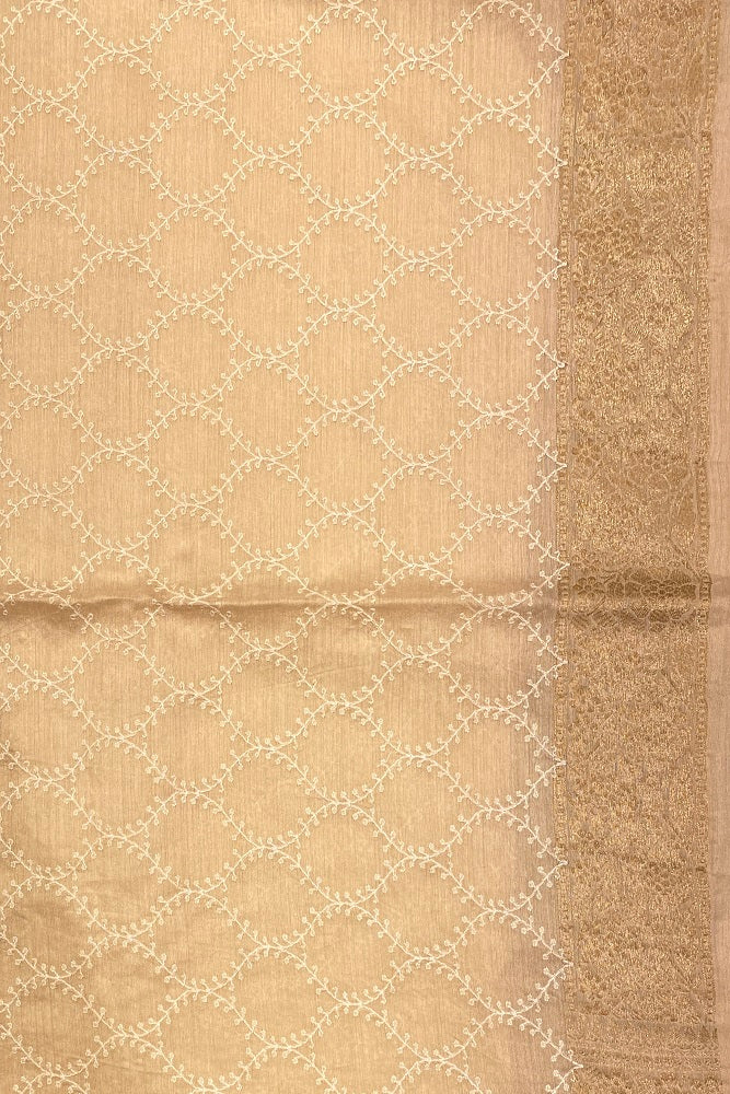 Dark Beige Munga Banarasi Silk Printed Saree With Resham Work, With Unstiched Blouse