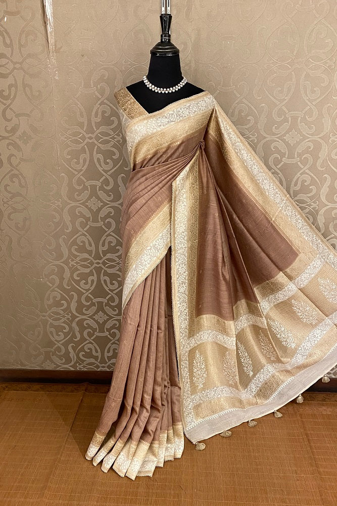 Light Brown Munga Banarasi Silk Printed Saree With Resham Work, With Unstiched Blouse