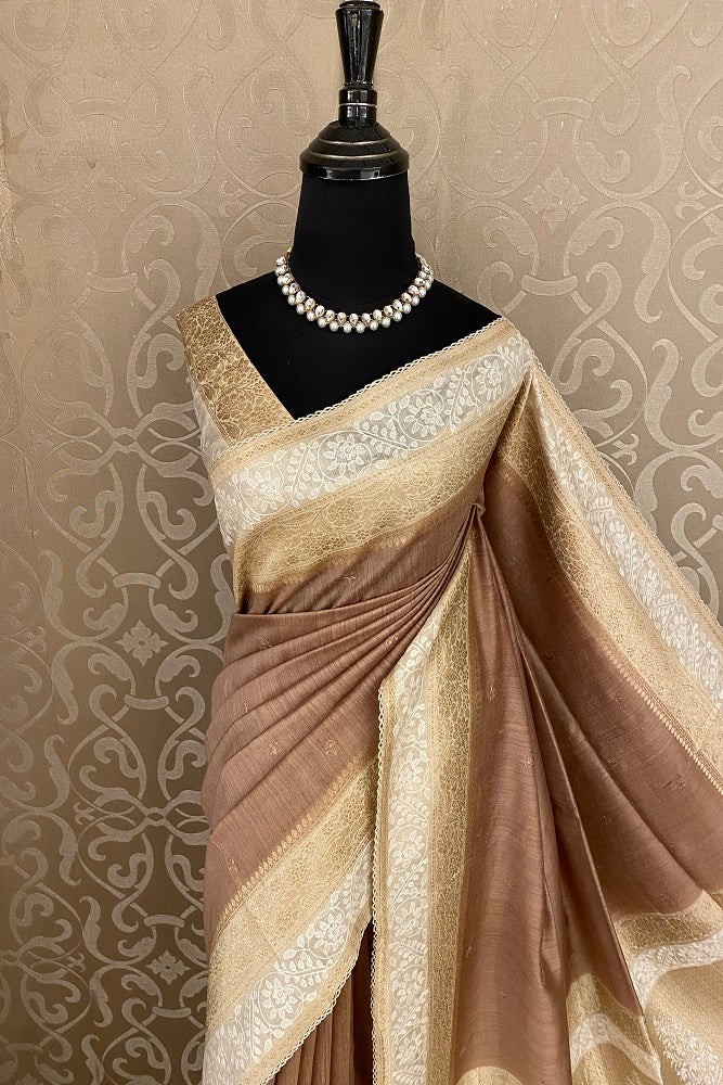 Light Brown Munga Banarasi Silk Printed Saree With Resham Work, With Unstiched Blouse