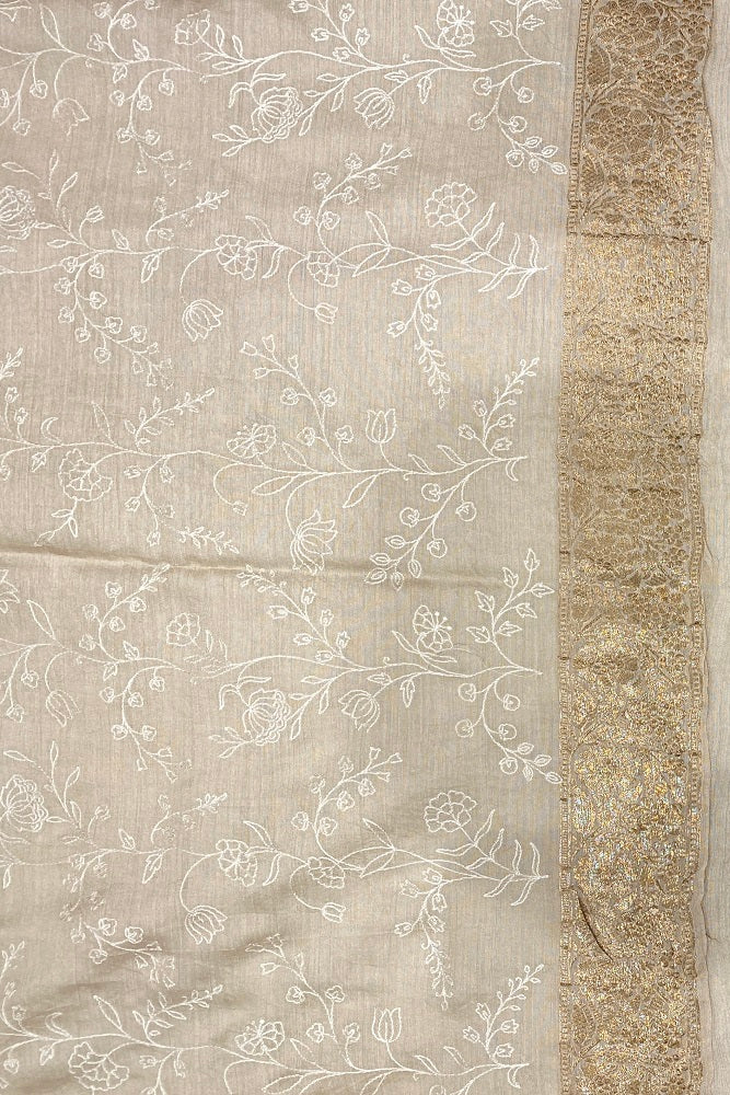 Light Brown Munga Banarasi Silk Printed Saree With Resham Work, With Unstiched Blouse