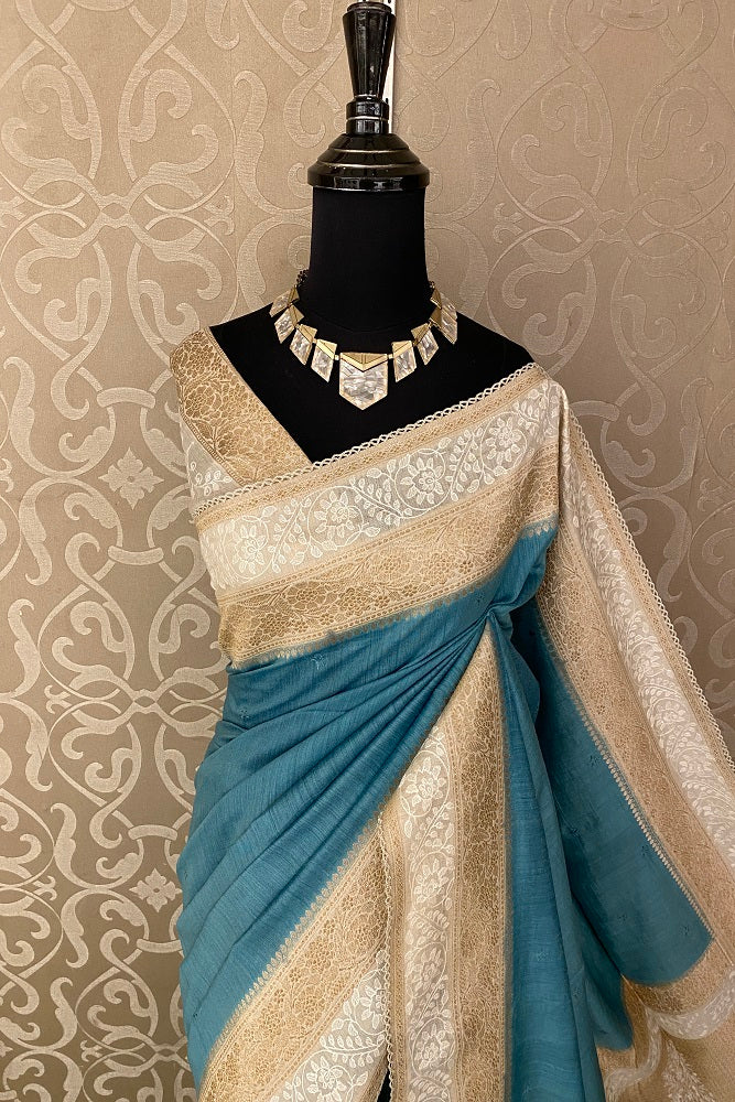 Dusty Blue Munga Banarasi Silk Printed Saree With Resham Work, With Unstiched Blouse
