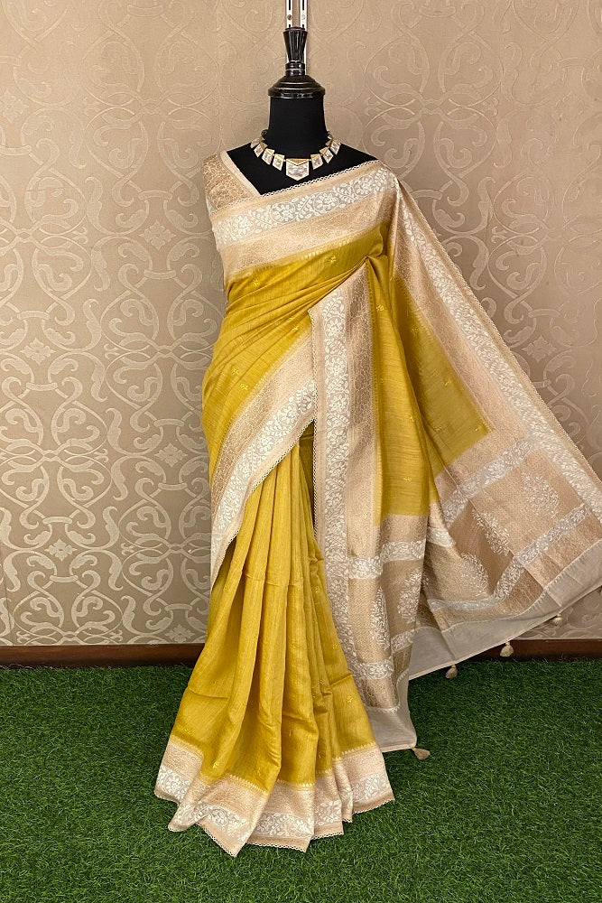 Dusty Yellow Munga Banarasi Silk Printed Saree With Resham Work, With Unstiched Blouse