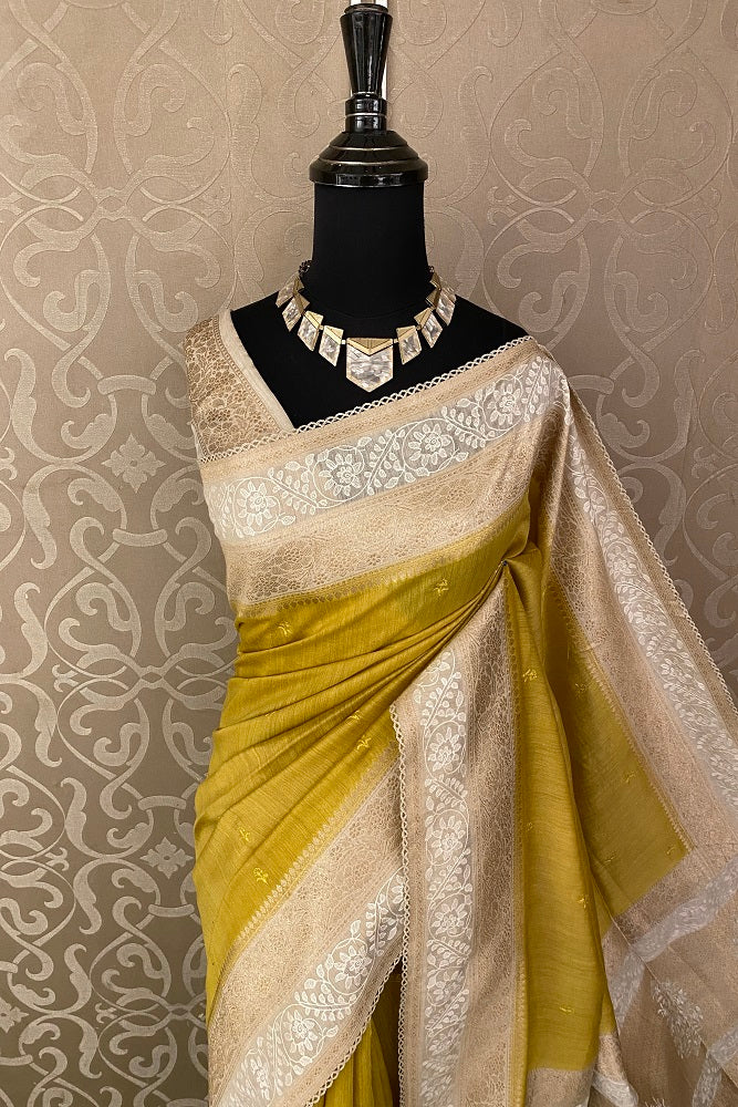 Dusty Yellow Munga Banarasi Silk Printed Saree With Resham Work, With Unstiched Blouse