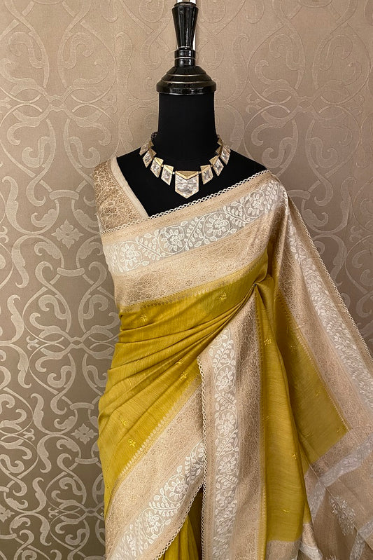 Dusty Yellow Munga Banarasi Silk Printed Saree With Resham Work, With Unstiched Blouse