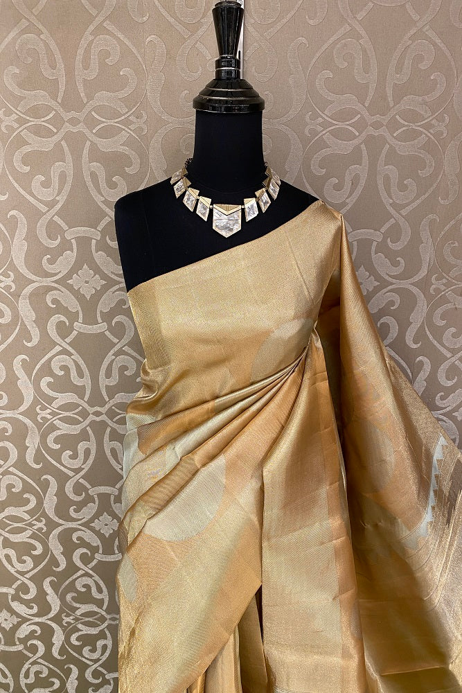Golden Pure Kanjeevaram Silk Saree, With Unstiched Blouse