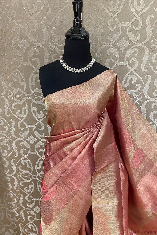Golden Pink Pure Kanjeevaram Silk Saree, With Unstiched Blouse