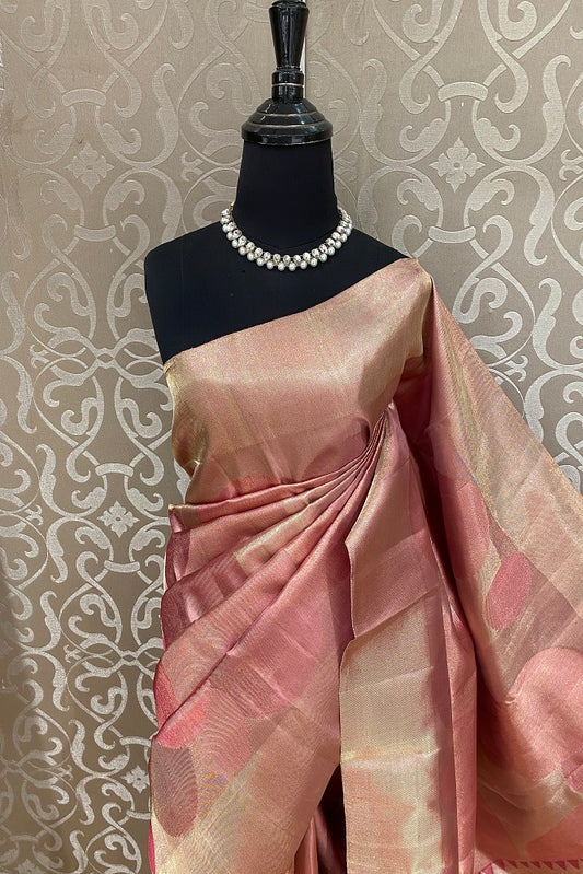 Golden Pink Pure Kanjeevaram Silk Saree, With Unstiched Blouse