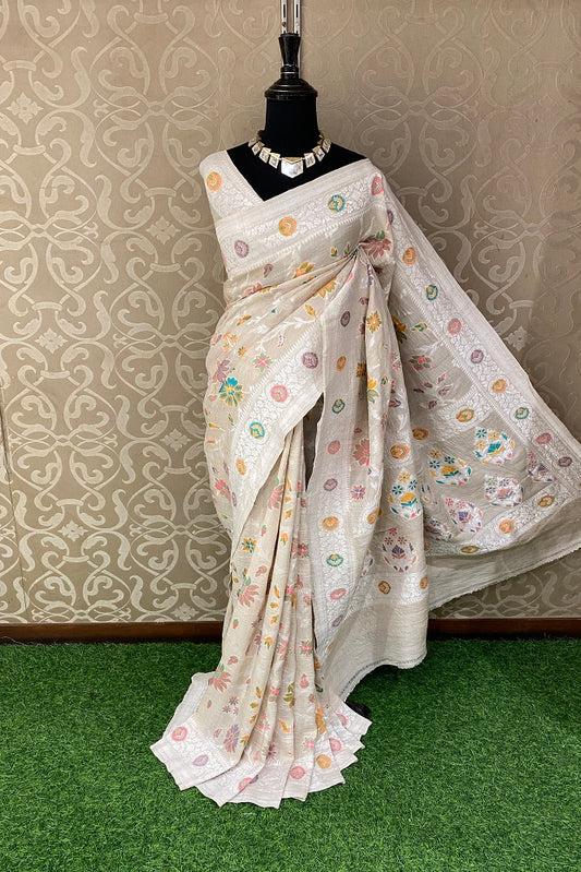 Offwhite Tussar Khaddi Georgette Handwoven Saree, With Unstiched Blouse