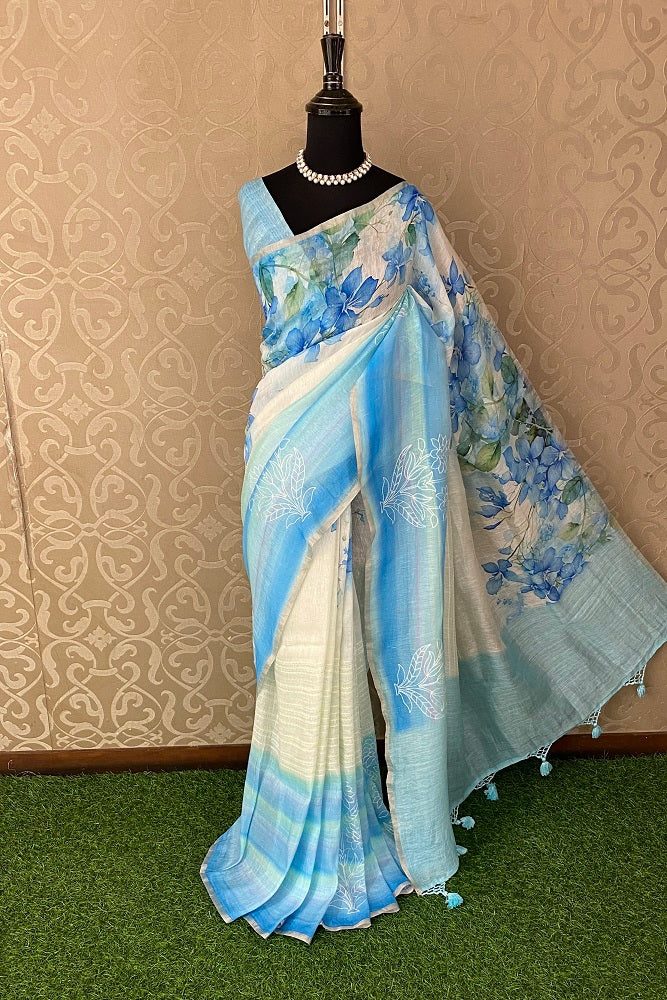 Offwhite & Blue Floral Printed Linen Silk Embroidery Saree, With Unstiched Blouse