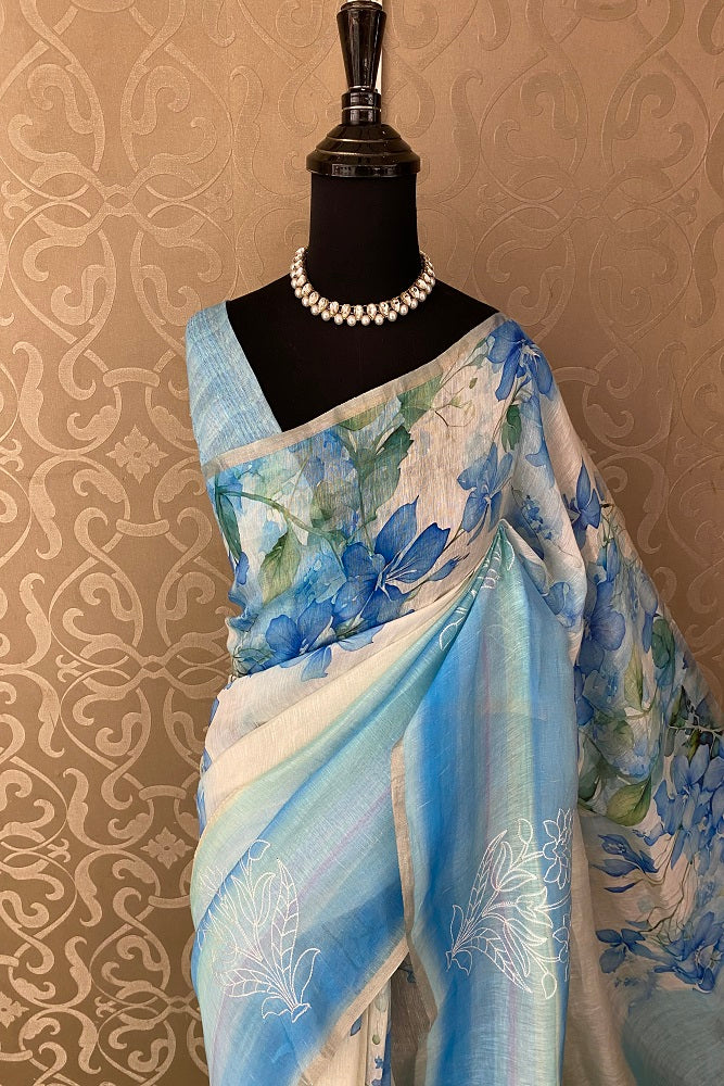 Offwhite & Blue Floral Printed Linen Silk Embroidery Saree, With Unstiched Blouse