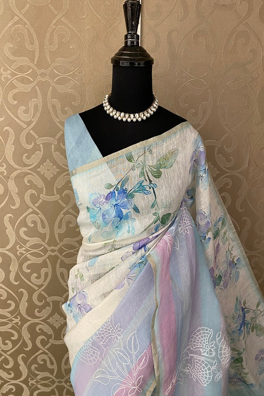 Multi Colour Floral Printed Linen Silk Embroidery Saree, With Unstiched Blouse