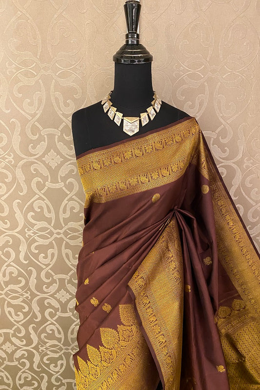 Brown Kanjeevaram Silk Saree Hand Weaving With Blouse