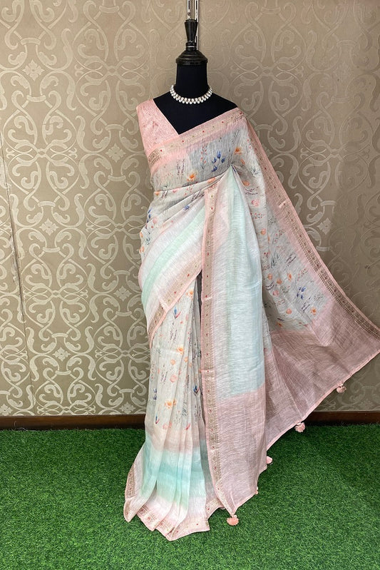 Light Pink & Blue Floral Printed Linen Silk Embroidery Saree, With Unstiched Blouse