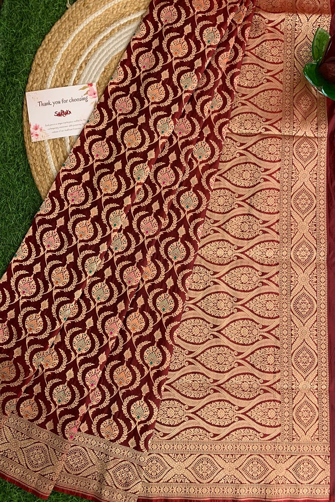 Maroon Uppada Silk Saree Weaving Butas And Border With Blouse