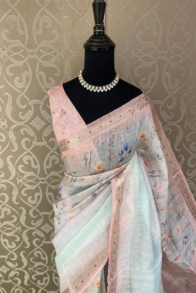 Light Pink & Blue Floral Printed Linen Silk Embroidery Saree, With Unstiched Blouse
