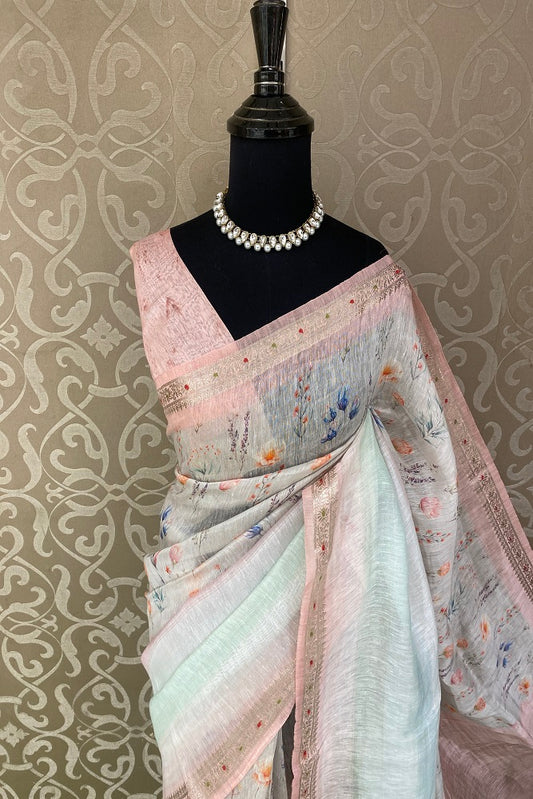 Light Pink & Blue Floral Printed Linen Silk Embroidery Saree, With Unstiched Blouse