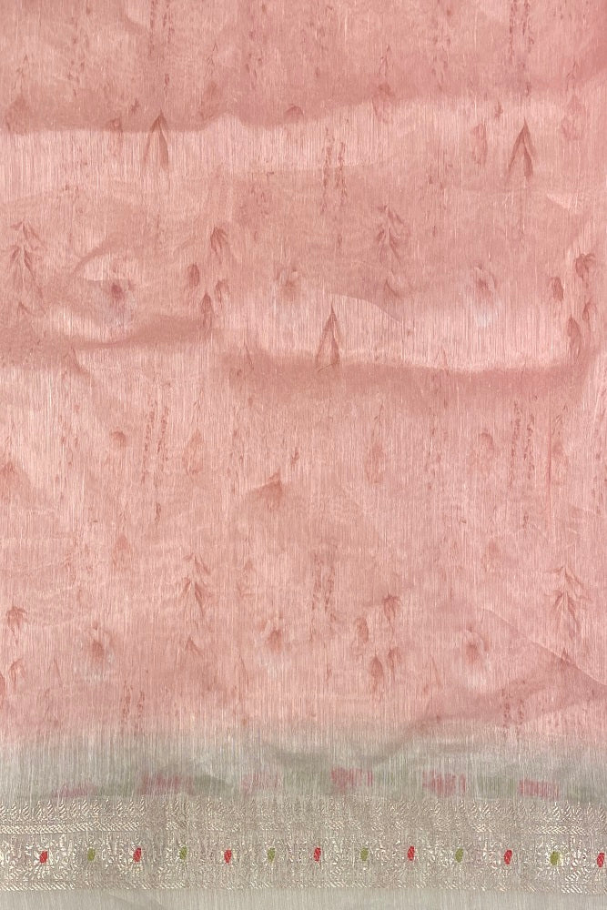 Light Pink & Blue Floral Printed Linen Silk Embroidery Saree, With Unstiched Blouse