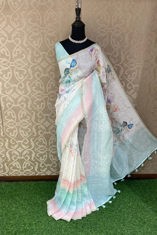 Multi Colour Floral Printed Linen Silk Embroidery Saree, With Unstiched Blouse