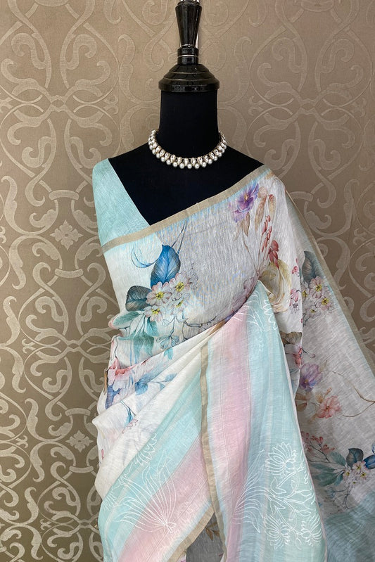 Multi Colour Floral Printed Linen Silk Embroidery Saree, With Unstiched Blouse