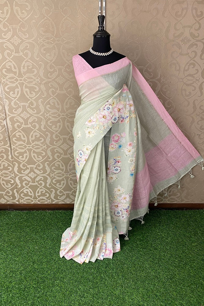 Pastel Green Floral Printed Linen Silk Embroidery Saree, With Unstiched Blouse