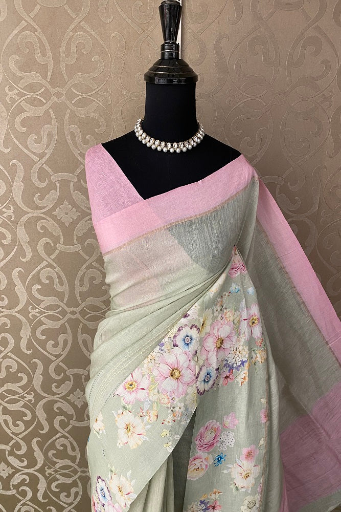 Pastel Green Floral Printed Linen Silk Embroidery Saree, With Unstiched Blouse