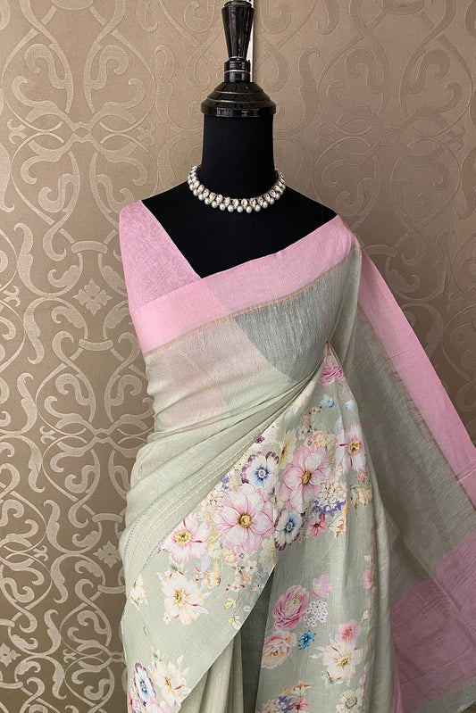 Pastel Green Floral Printed Linen Silk Embroidery Saree, With Unstiched Blouse