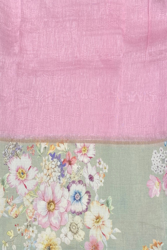 Pastel Green Floral Printed Linen Silk Embroidery Saree, With Unstiched Blouse