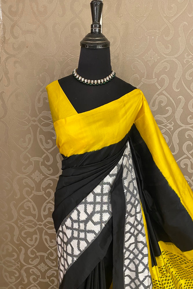Black & Yellow Pochampally Ikat Silk Saree, Grey Colour Weaving With Unstiched Blouse