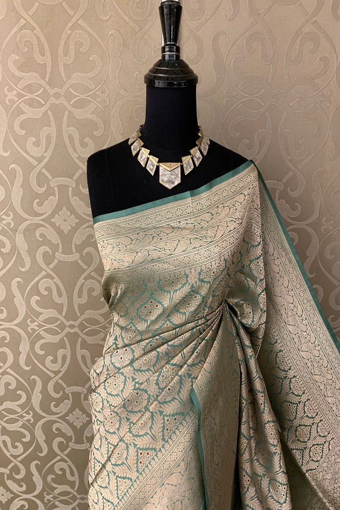 SOFT BLUE UPPADA SILK SAREE WEAVING BUTAS AND BORDER WITH BLOUSE
