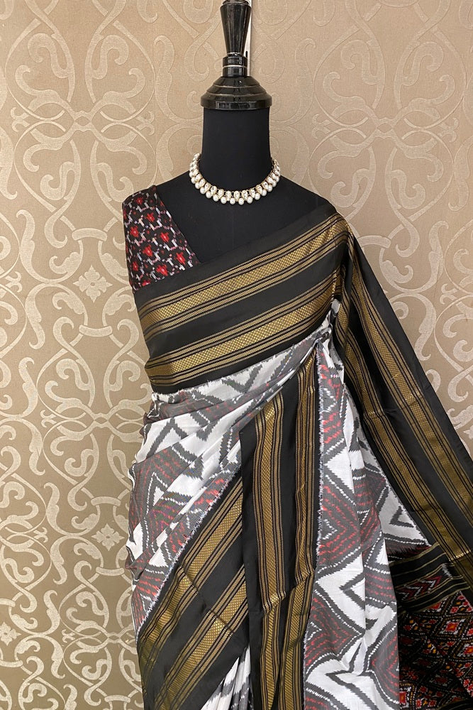 White & Black Pochampally Ikat Silk Saree, Multi Colour Weaving With Unstiched Blouse