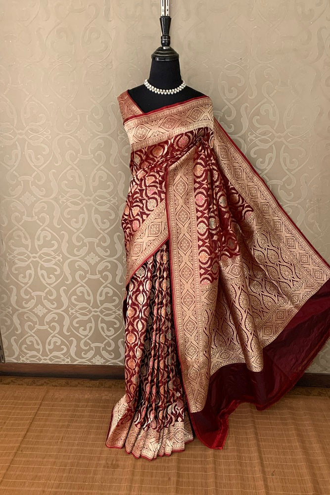 Maroon Uppada Silk Saree Weaving Butas And Border With Blouse